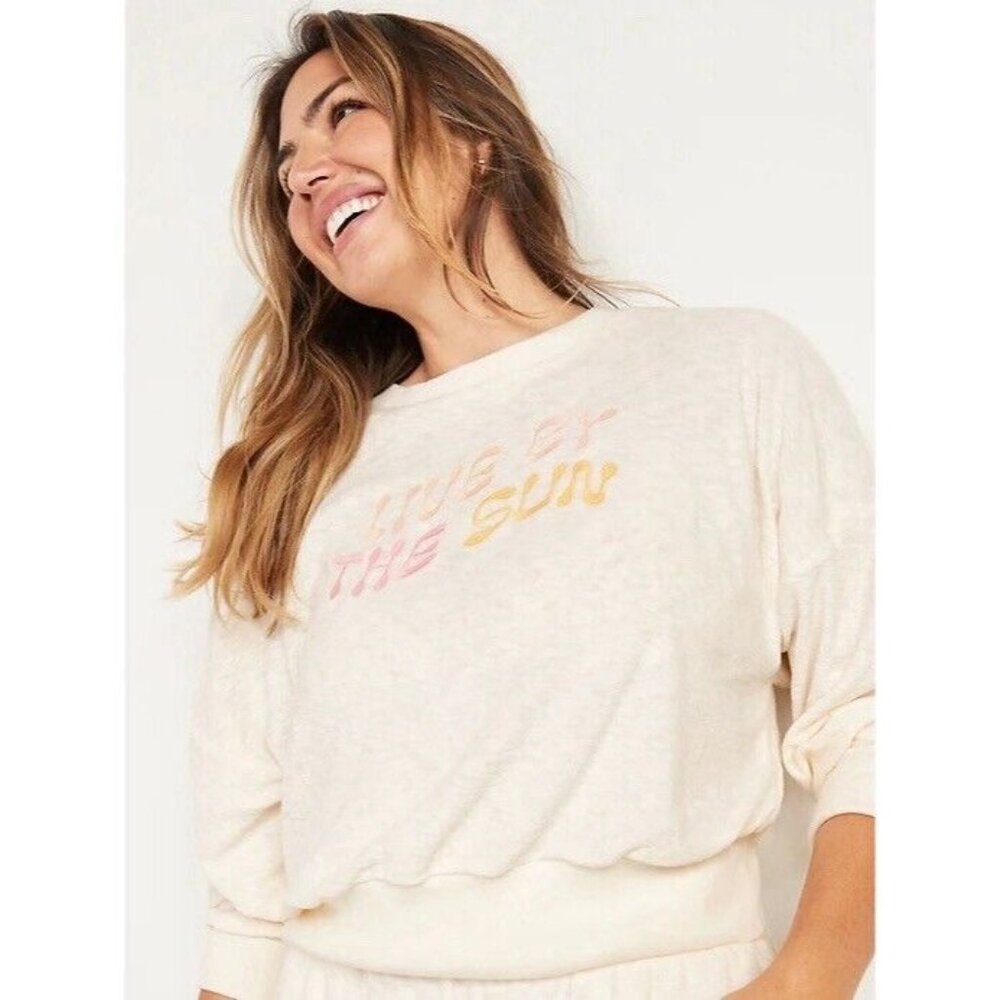 Old Navy Slub Knit Terry Crop Sweater (Size L) Live By The Sun Summer Embroidery